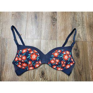 Lively Women 36B Navy Orange Floral Full Coverage Bra Wireless Mesh Trim Smooth